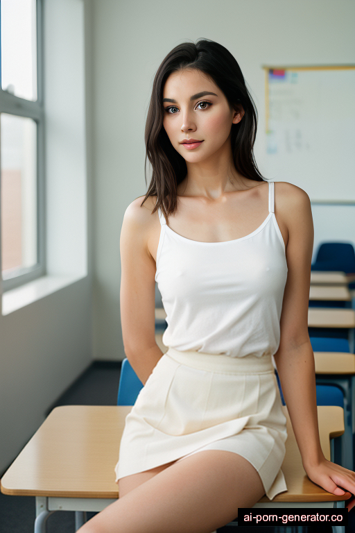 white skinny adult woman with small boobs and dark hair of shoulder length, sitting in classroom, wearing skirt, with shaved pussy