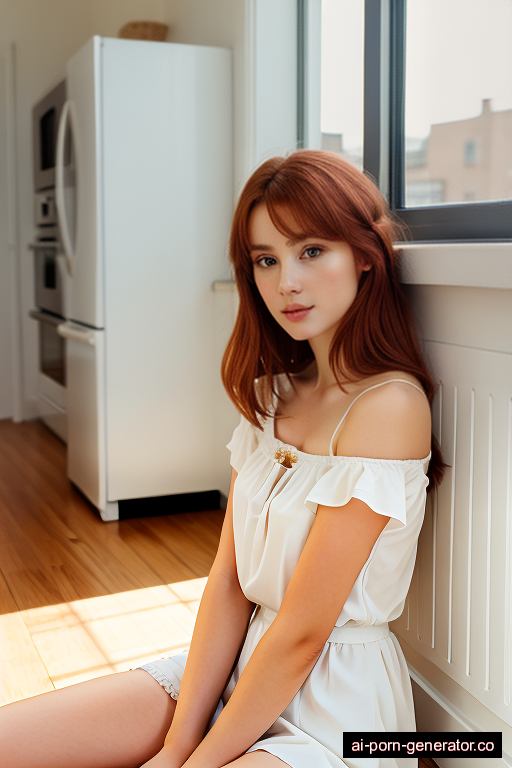 white average built young-adult woman with small boobs and red hair of shoulder length, sitting in kitchen, wearing lingerie, with shaved pussy