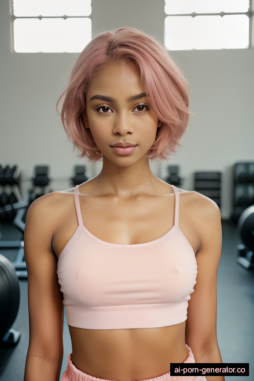 nigerian skinny young-adult woman with medium boobs and pink hair of shoulder length, bending over in gym, wearing lingerie, with shaved pussy