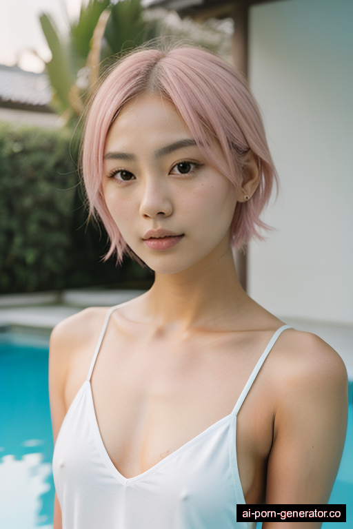 japanese athletic young-adult woman with small boobs and pink hair of shoulder length, standing in pool, wearing naked, with shaved pussy