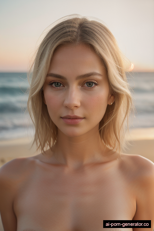 russian skinny adult woman with small boobs and blonde hair of shoulder length, standing in beach, wearing naked, with shaved pussy