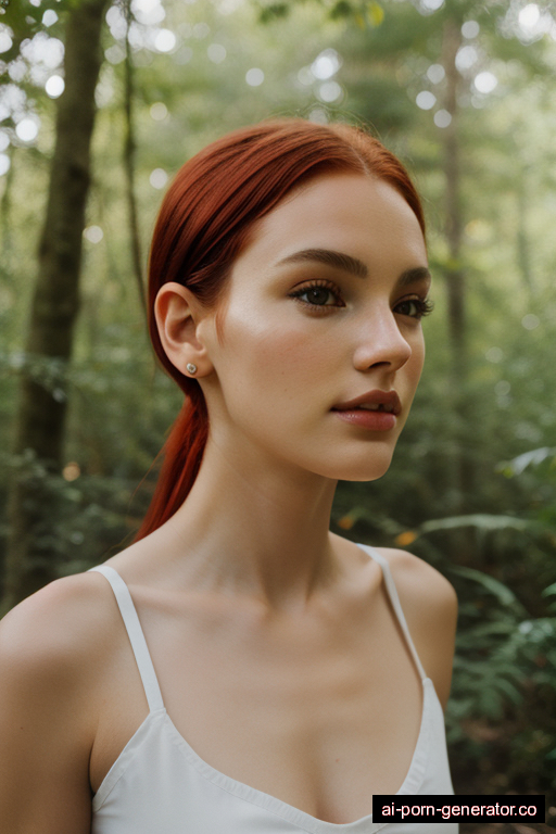 white skinny young-adult woman with medium boobs and red hair of shoulder length, bending over in forest, wearing naked, with shaved pussy