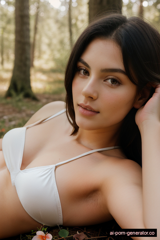 white average built young-adult woman with medium boobs and dark hair of shoulder length, lying down in forest, wearing naked, with shaved pussy