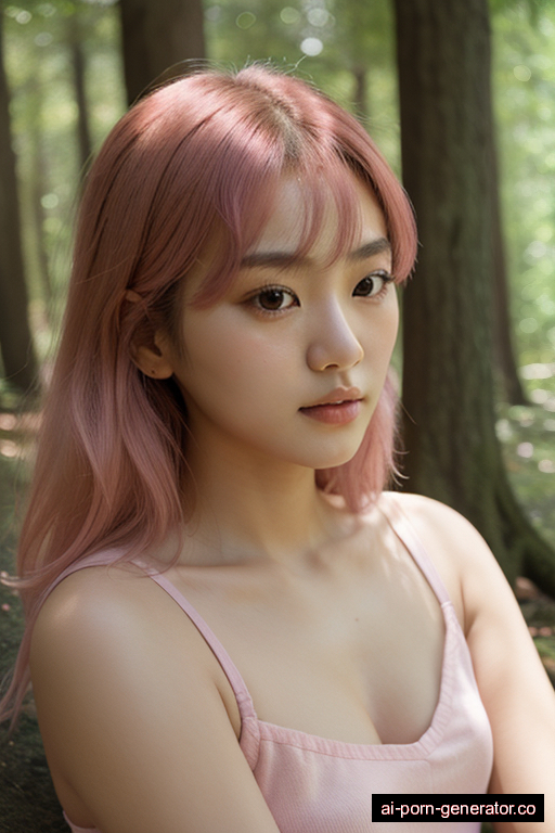 korean average built young-adult woman with small boobs and pink hair of shoulder length, sitting in forest, wearing skirt, with shaved pussy