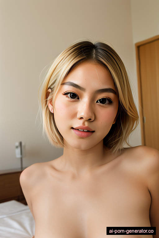 japanese average built teen woman with medium boobs and blonde hair of shoulder length, lying down in bedroom, wearing naked, with shaved pussy