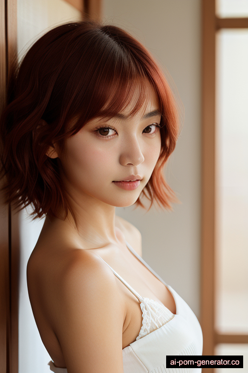 japanese skinny young-adult woman with small boobs and red hair of shoulder length, standing in bedroom, wearing lingerie, with shaved pussy