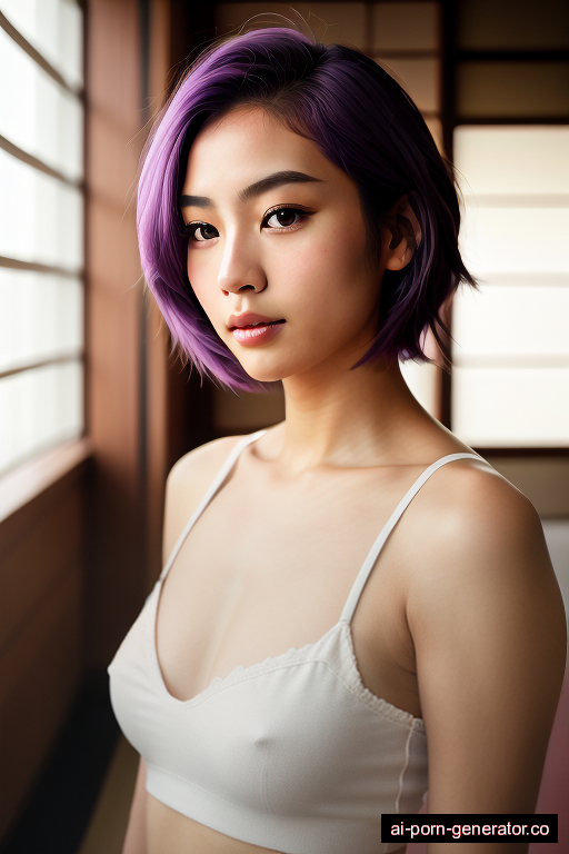japanese athletic young-adult woman with medium boobs and purple hair of shoulder length, bending over in classroom, wearing naked, with shaved pussy
