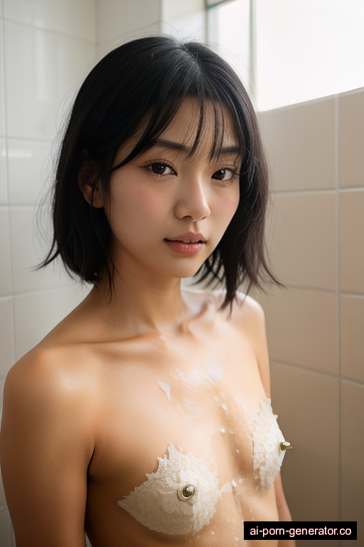 japanese skinny young-adult woman with small boobs and black hair of shoulder length, splitting legs in shower, wearing bra only, with shaved pussy