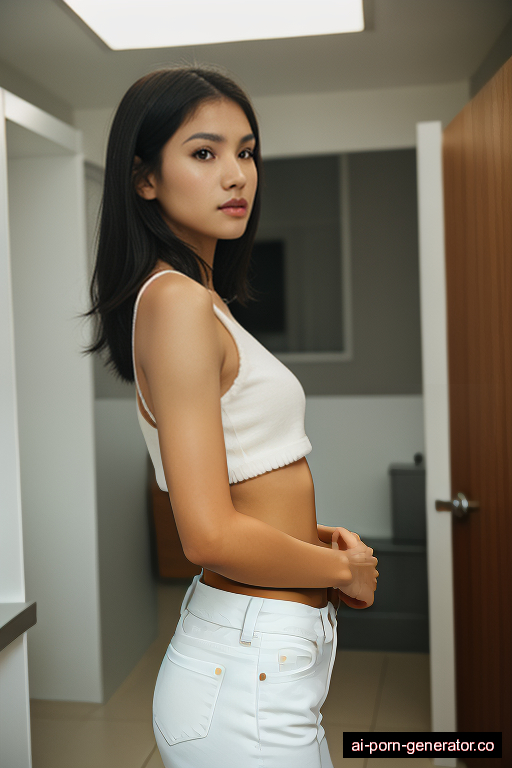 indonesian skinny young-adult woman with medium boobs and dark hair of shoulder length, standing in changing room, wearing crop top, with shaved pussy