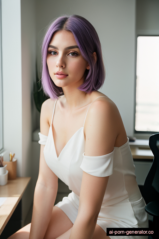 white average built young-adult woman with medium boobs and purple hair of shoulder length, sitting in office, wearing naked, with shaved pussy
