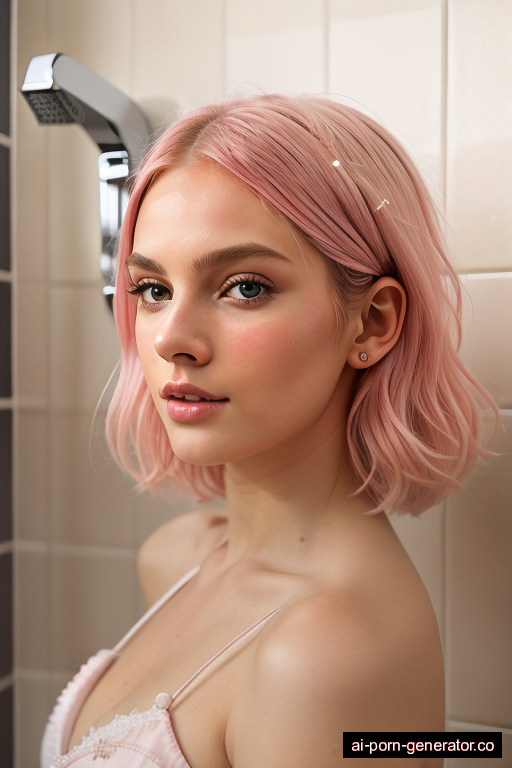 white average built young-adult woman with medium boobs and pink hair of shoulder length, standing in shower, wearing lingerie, with shaved pussy