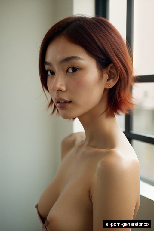 japanese skinny young-adult woman with medium boobs and red hair of shoulder length, standing in bedroom, wearing naked, with shaved pussy