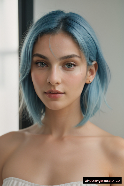 italian skinny young-adult woman with medium boobs and blue hair of shoulder length, standing in classroom, wearing naked, with shaved pussy