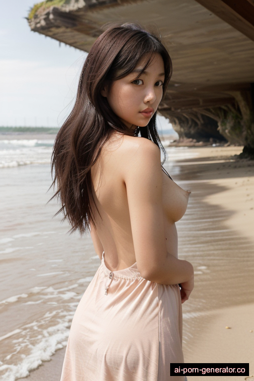 japanese average built teen woman with medium boobs and dark hair of mid-back length, standing in beach, wearing dress, with shaved pussy