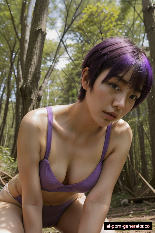 japanese skinny teen woman with small boobs and purple hair of pixie cut length, on her knees in forest, wearing crop top, with shaved pussy