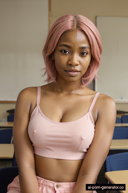 nigerian skinny adult woman with small boobs and pink hair of shoulder length, sitting in classroom, wearing crop top, with shaved pussy