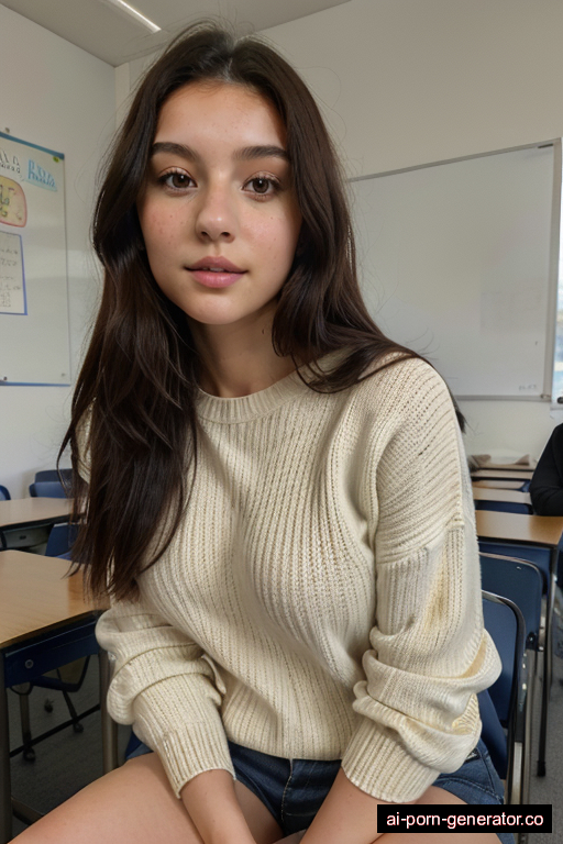 italian skinny teen woman with medium boobs and dark hair of mid-back length, sitting in classroom, wearing sweater, with shaved pussy