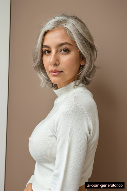 italian athletic mature woman with large boobs and white hair of mid-back length, standing in gym, wearing sweater, with shaved pussy