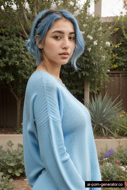 middle eastern athletic teen woman with large boobs and blue hair of shoulder length, standing in garden, wearing sweater, with shaved pussy
