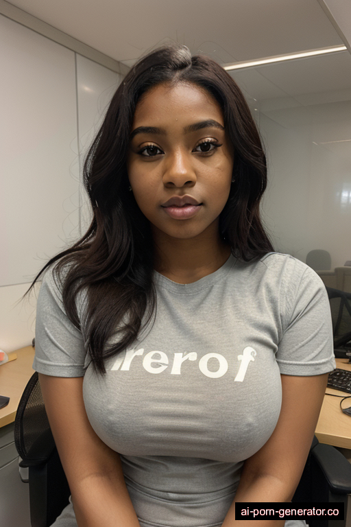 nigerian curvy teen woman with medium boobs and dark hair of mid-back length, sitting in office, wearing t-shirt, with shaved pussy