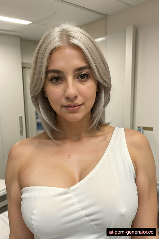 italian athletic mature woman with large boobs and white hair of shoulder length, standing in hospital, wearing dress, with shaved pussy