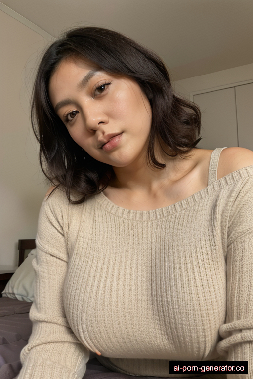 japanese thick mature woman with large boobs and dark hair of shoulder length, lying down in bedroom, wearing sweater, with shaved pussy