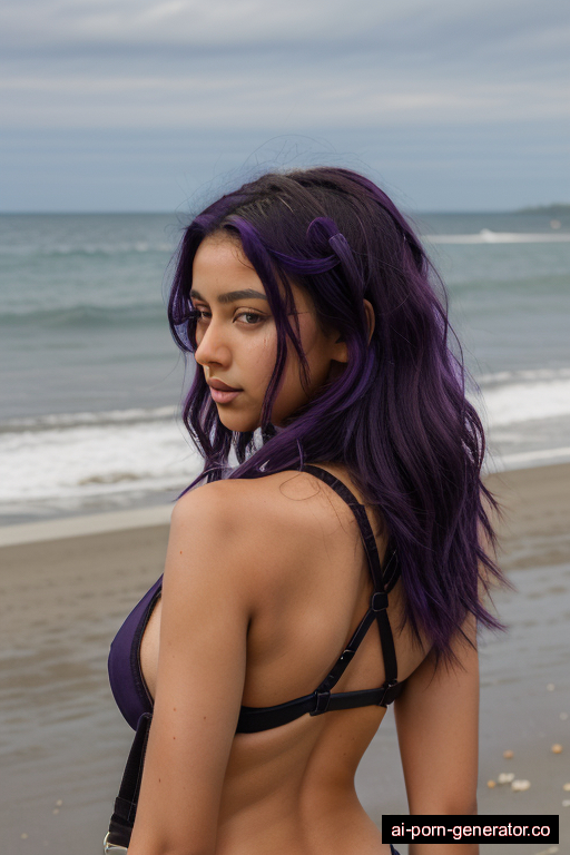 black skinny teen woman with small boobs and purple hair of shoulder length, standing in beach, wearing harness, with shaved pussy
