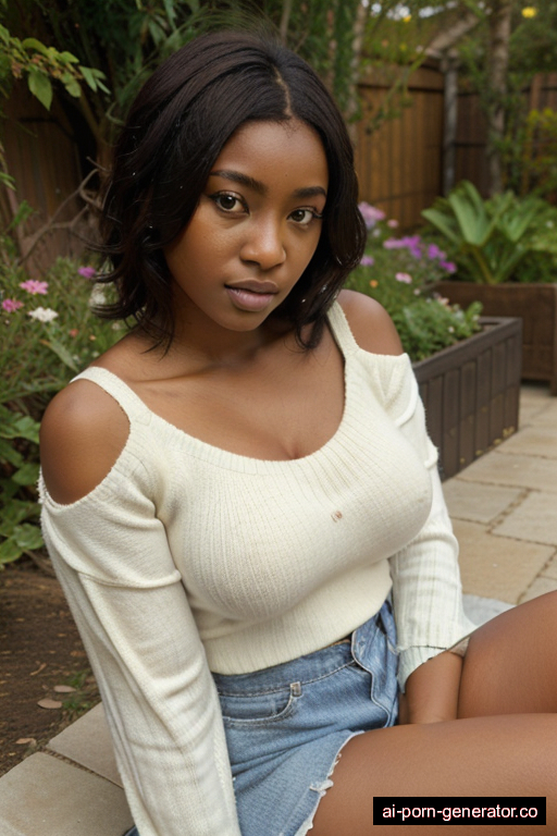 nigerian athletic teen woman with large boobs and dark hair of shoulder length, sitting in garden, wearing sweater, with shaved pussy