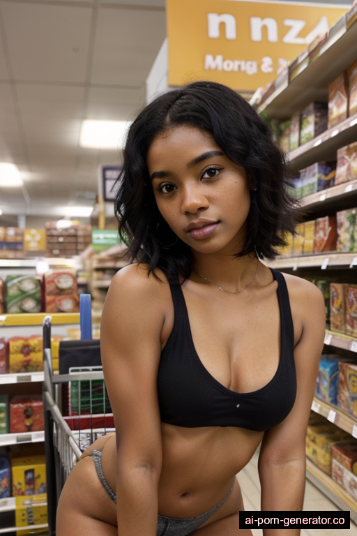 black average built teen woman with small boobs and black hair of shoulder length, bending over in supermarket, wearing crop top, with shaved pussy