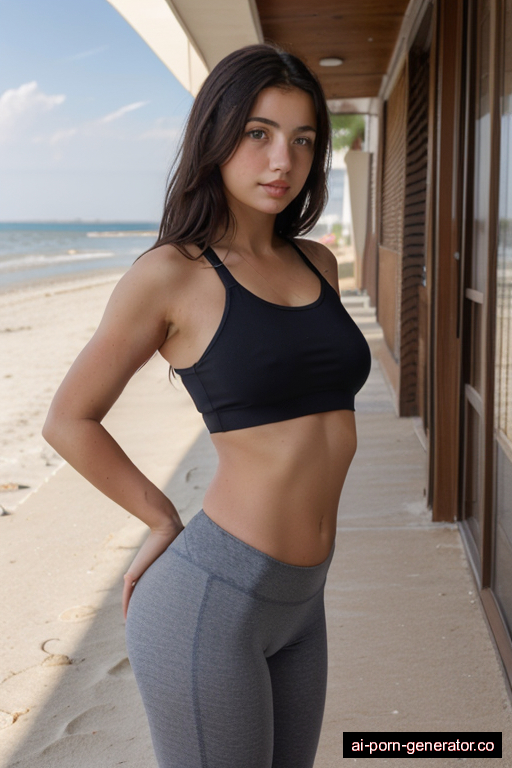 italian athletic teen woman with small boobs and dark hair of mid-back length, splitting legs in beach, wearing yoga pants, with shaved pussy