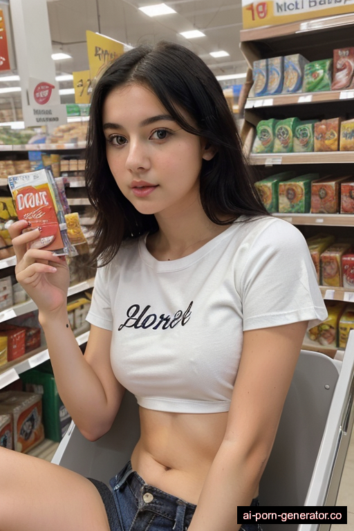 white skinny teen woman with small boobs and black hair of shoulder length, sitting in supermarket, wearing t-shirt, with shaved pussy