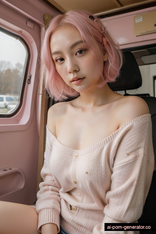 chinese skinny young-adult woman with small boobs and pink hair of shoulder length, sitting in camper van, wearing sweater, with shaved pussy