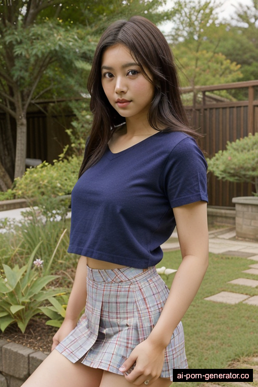 japanese skinny teen woman with small boobs and dark hair of mid-back length, splitting legs in garden, wearing skirt, with shaved pussy