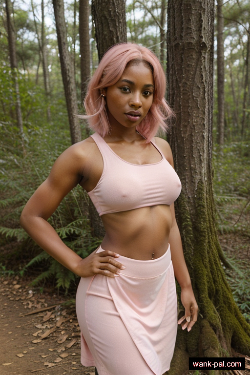 nigerian athletic young-adult woman with medium boobs and pink hair of shoulder length, standing in forest, wearing skirt, with shaved pussy