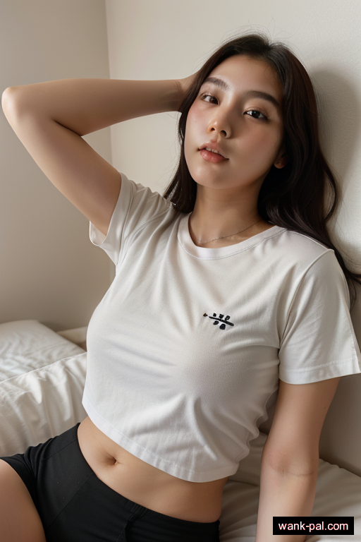 korean athletic teen woman with large boobs and dark hair of mid-back length, lying down in bedroom, wearing t-shirt, with shaved pussy