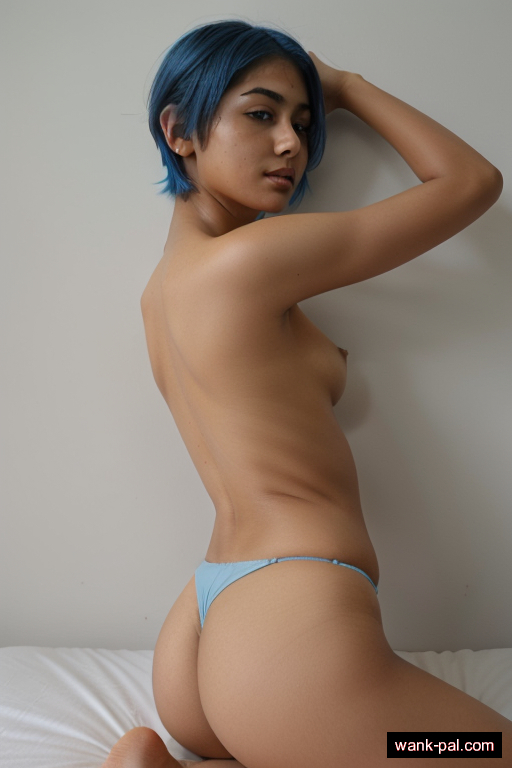 indian skinny teen woman with small boobs and blue hair of pixie cut length, lying down in bedroom, wearing naked, with shaved pussy