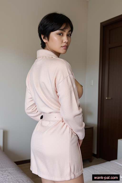 indonesian thick mature woman with small boobs and black hair of pixie cut length, standing in bedroom, wearing bathrobe, with shaved pussy