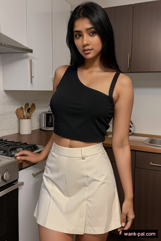 indian average built young-adult woman with medium boobs and black hair of shoulder length, standing in kitchen, wearing skirt, with shaved pussy
