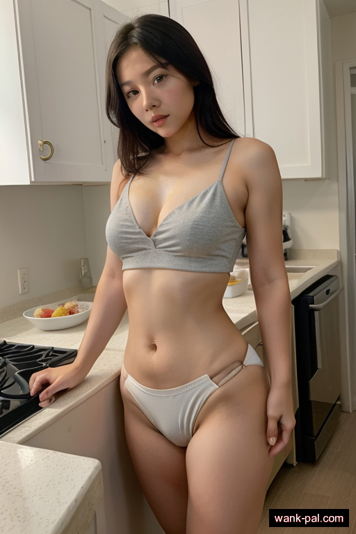 chinese athletic adult woman with small boobs and dark hair of shoulder length, splitting legs in kitchen, wearing crop top, with shaved pussy