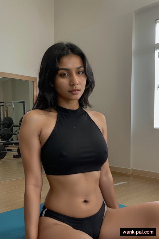 indian skinny adult woman with small boobs and black hair of shoulder length, sitting in gym, wearing crop top, with shaved pussy