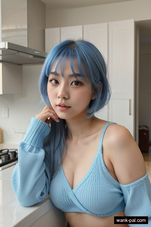 chinese skinny teen woman with medium boobs and blue hair of shoulder length, lying down in kitchen, wearing sweater, with shaved pussy