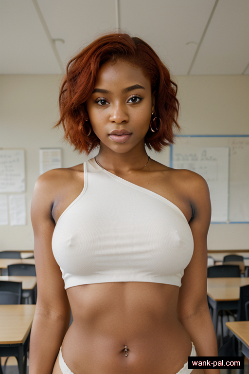 nigerian average built teen woman with large boobs and red hair of shoulder length, standing in classroom, wearing crop top, with shaved pussy