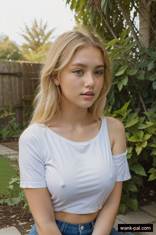 white athletic teen woman with medium boobs and blonde hair of shoulder length, sitting in garden, wearing t-shirt, with shaved pussy