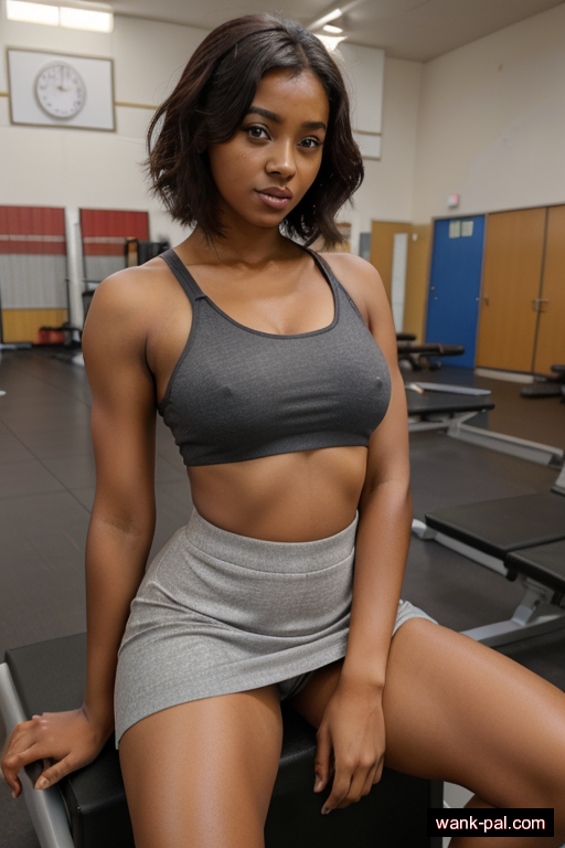 ethiopian average built young-adult woman with medium boobs and dark hair of shoulder length, sitting in gym, wearing skirt, with shaved pussy