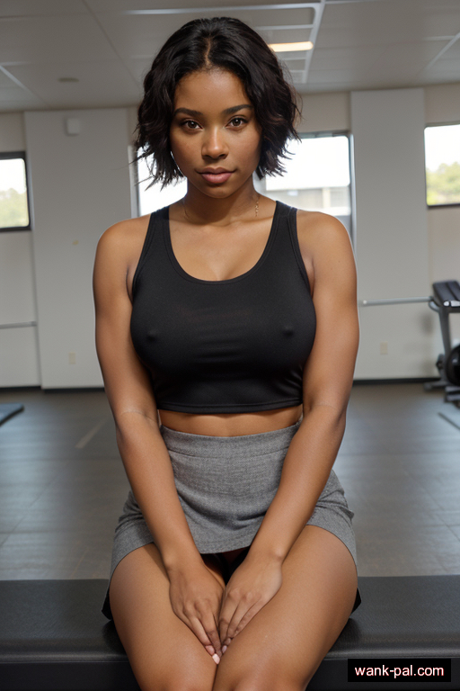 black athletic adult woman with small boobs and dark hair of shoulder length, sitting in gym, wearing skirt, with shaved pussy