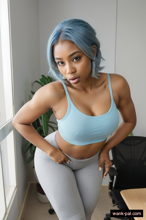 nigerian skinny young-adult woman with medium boobs and blue hair of shoulder length, bending over in office, wearing yoga pants, with shaved pussy