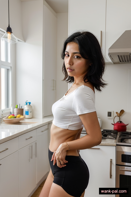 mexican athletic adult woman with small boobs and black hair of shoulder length, splitting legs in kitchen, wearing t-shirt, with shaved pussy